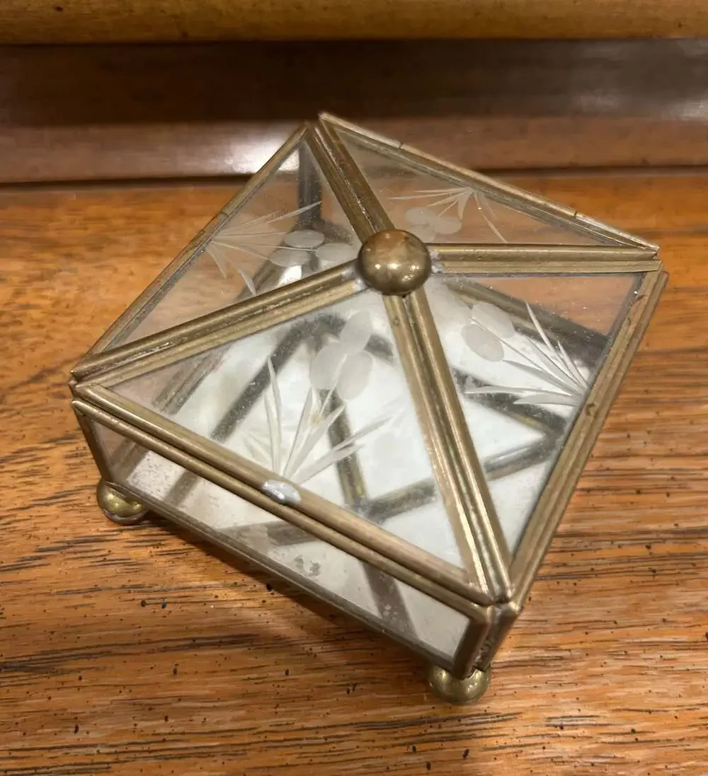 Vintage Brass and Etched Glass Footed Trinket Box with Mirrored Bottom